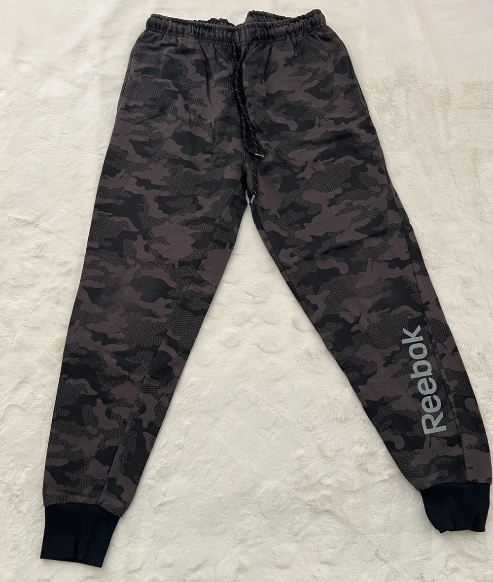 Reebok Mens Medium Camo Jogger Pants Gray Black Drawstring Athletic Sweatpants